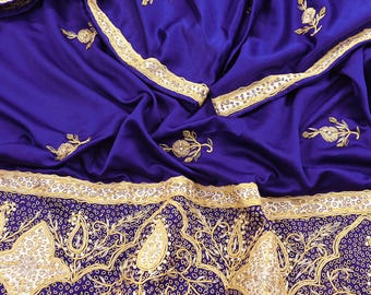 Indian Vintage Heavy Wedding Blue Dupatta Pure Satin Silk Long Stole Hand Embroidered Scarves Golden Zardozi Stole