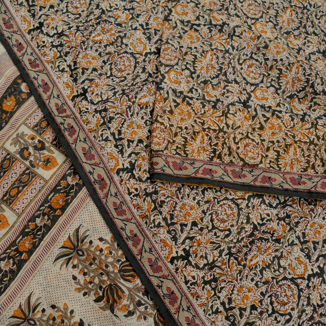 Indian Vintage Sari Cream & Black Pure Chanderi Silk Block Printed ...