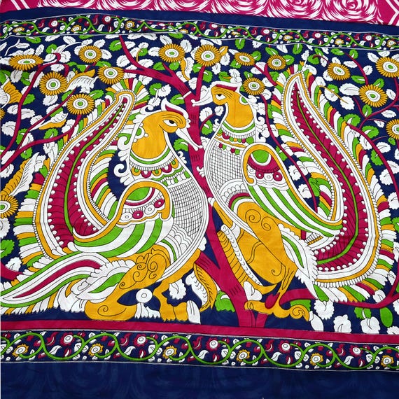 indian fabric painting dress designs Indian Vintage Sari Kalamkari Printed Pure Cotton Saree Fabric Soft Floral  5yd Sarong Wrap Fabric Peacock Dress Making Crafting Quilting