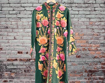 Indian Vintage Bottle Green Embroidered Kashmiri Coat, Aari Embroidery, Pure Woolen Coat, Boho Jacket For Both Women/Men Indian Coat