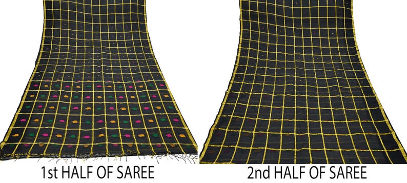 Tela para saris vintage indios, negra, de algodón puro, tejida a mano, 5 yardas, con estampado floral étnico, ideal para manualidades, reciclaje, acolchado y confección de vestidos. imagen 20