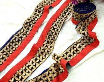 Indian Vintage Red & Black Saree Border Hand Embroidered Gota Patti 1yd Craft Trim Lace Sewing Sari Ribbon chanderi