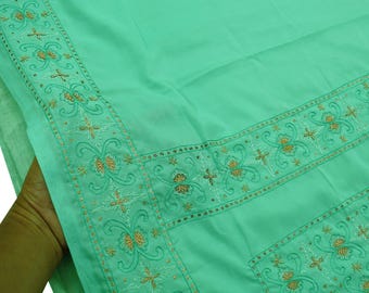 Tela de sari vintage indio verde de seda artificial bordada a mano, 5 yardas, para costura, suave, dorada, zardozi/zari, floral, reciclada, para confección de vestidos.