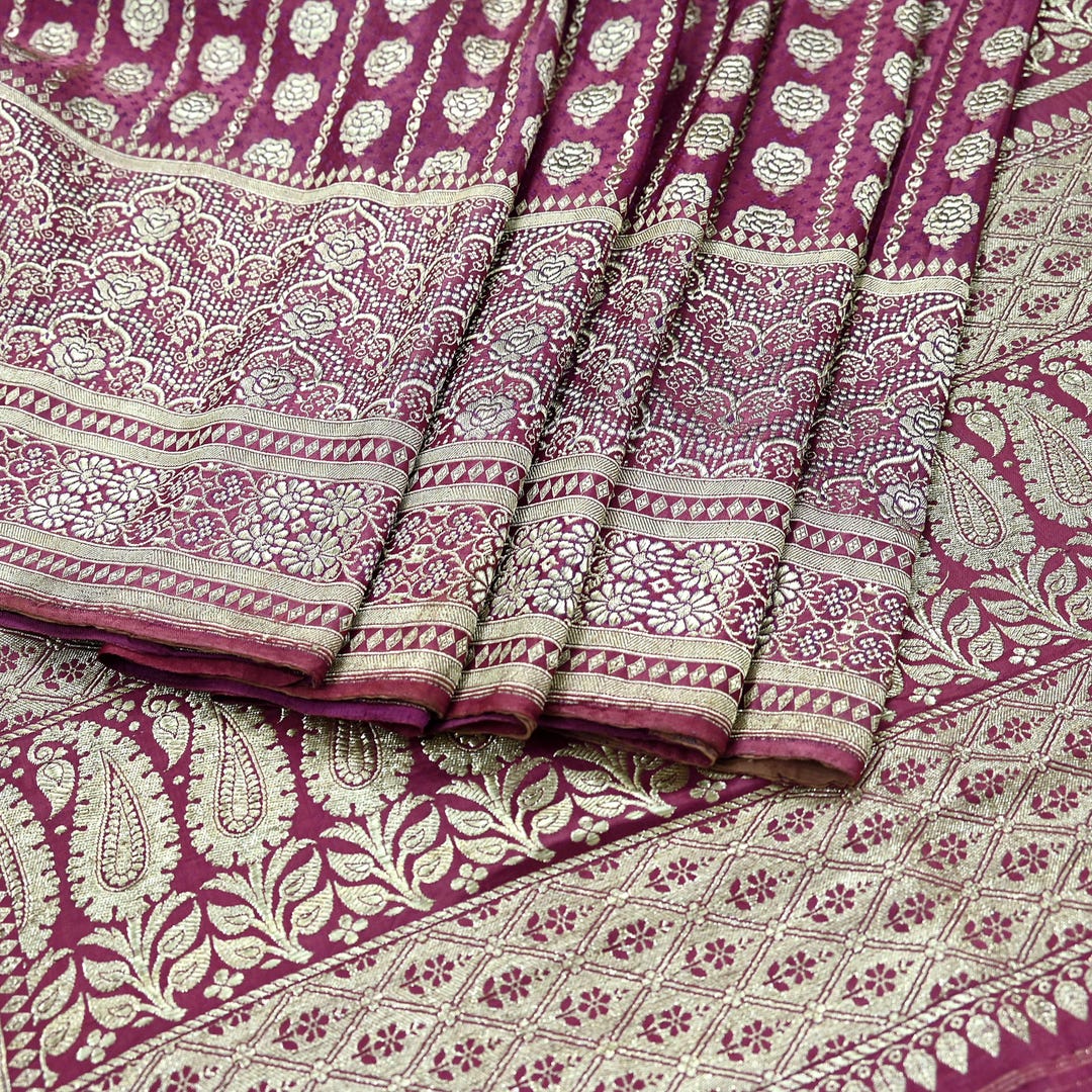 Indian Vintage Sari Pink Heavy Pure Silk Woven Banarasi Sarees 5yd Golden Zari Dress Making Craft Fabric Crafting Quilting Upcycle main image 0