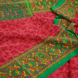 EXCELLENT QUALITY Indian Vintage Orange & Green Saree Pure Crepe Silk Printed Sari 5yd Sewing Floral Soft Craft Fabric Wrap Dress Making