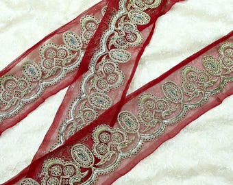 Indian Vintage Maroon Sari Border Hand Embroidered Ari Work 1yd Craft Trim Lace Sewing American Georgette Ribbon Recycled Sari Border Zari