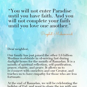 May include: A digital image with a watercolor background in shades of blue and white. The text includes a quote by Prophet Muhammad and a message from The Rahmans about Ramadan and Eid, wishing neighbors peace and love.