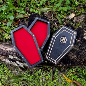 Vampire Coffin Dice Vault and Rolling Tray | Black Wood and Red Velvet | D&D and VtM Storage | TTRPG Accessory