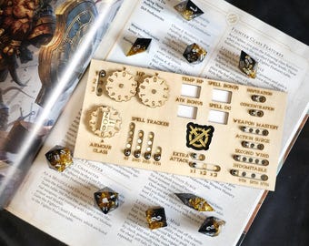 Rastreador de clase magnético de madera hecho a mano para guerrero | Dungeons and Dragons 2024 | Accesorio para juegos de rol de mesa