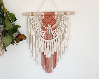 Small Fibre Wallhanging / Fiber Art / Macrame / Wall Decor / Wall Art / Pink / White / Wooden Beads