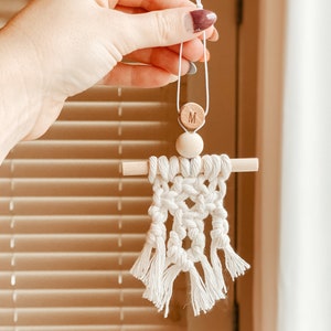 Macrame Ornament / Christmas Ornament / Personalized / Wooden bead Initial / White Macrame / Festive / Mini Wallhanging Ornament image 3