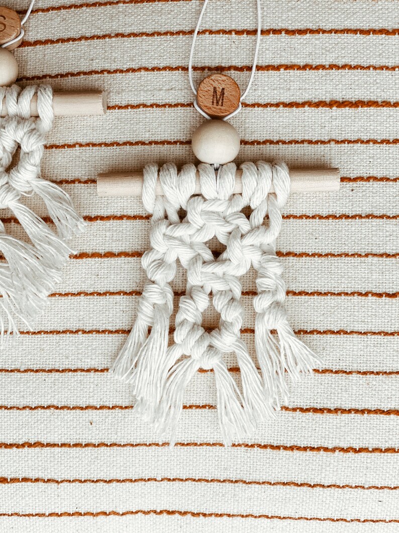 Macrame Ornament / Christmas Ornament / Personalized / Wooden bead Initial / White Macrame / Festive / Mini Wallhanging Ornament image 1