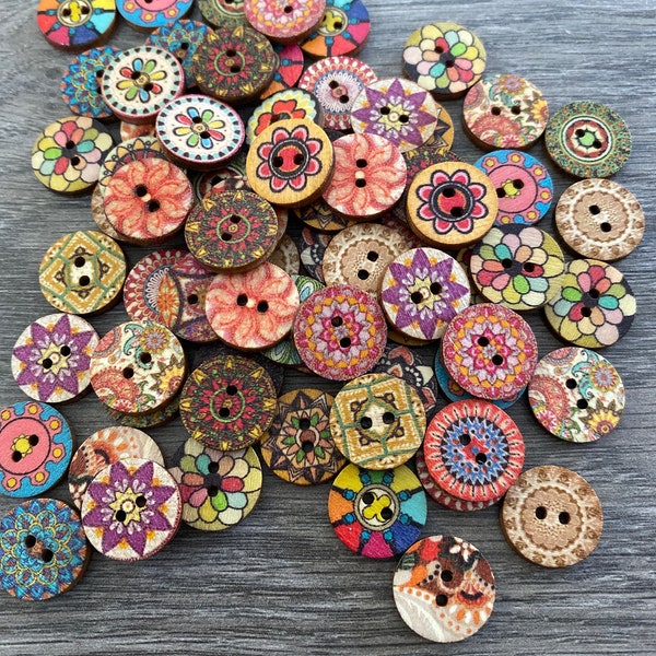 Wooden Buttons 10/20/30 Bohemian Boho Retro Style Buttons 15mm crafting sewing knitting