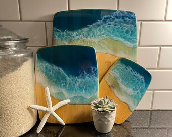 Beach Art Resin, Charcuterie Board, Cheese Board, Ocean Tray, Cutting Board, Serving Tray, Beach Wedding Gift, Housewarming, Blue Water