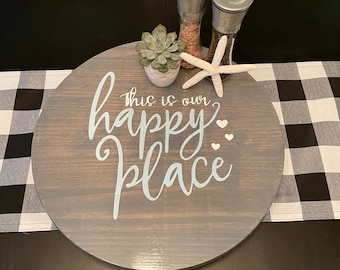 This is Our Happy Place, Custom Lazy Susan, Personalized Wooden Round Tray, Decorative Wood Centerpiece, Table Decor Hand Painted Gift