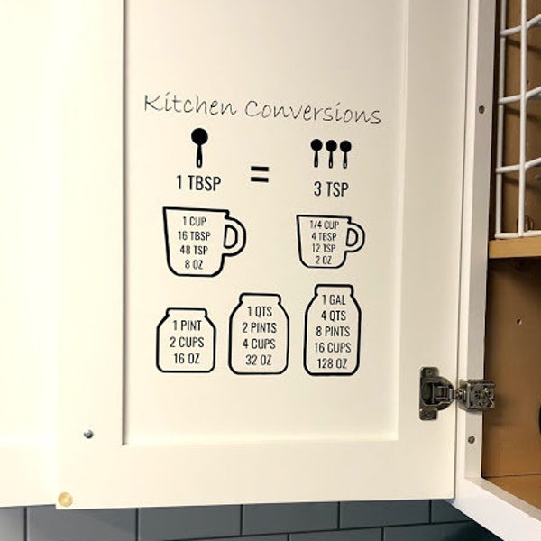 Kitchen Measurement Decal, Baking Conversion Chart, Cabinet Decal for Baking, Cooking Measurement, Kitchen Conversion Chart, Vinyl Decal