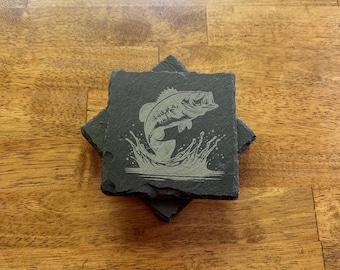 Bass Fish Engraved Slate Coasters, Fisher Gifts, Largemouth Bass, Fisherman, Angler, Bait, Active Fish, Bobber, Master Baiter,