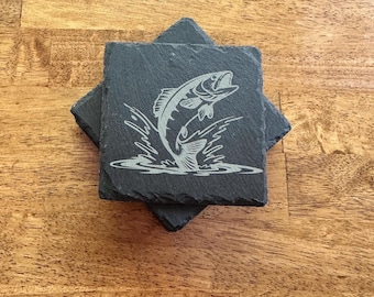Trout Fish Engraved Slate Coasters, Fisher Gifts, Rainbow trout, brown trout, Fisherman, Angler, Bait, Active Fish, Bobber, Master Baiter,