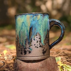 Green Northern Lights Pottery Mug Camping Forest Nature Galaxy Sky Handmade Tree Rustic Woodland Gift Stoneware Aurora Borealis Mother's Day