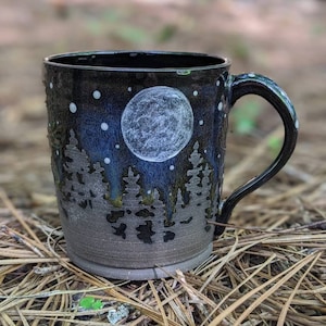 Full Moon Night Sky Pottery Mug / Camping Forest Sky Handmade Tree Rustic Woodland Stoneware Aurora Borealis Gift Holiday Christmas Birthday