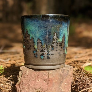 Green Northern Lights Pottery Mug Camping Forest Nature Galaxy Sky Handmade Tree Rustic Woodland Gift Stoneware Aurora Borealis Mother's Day image 4