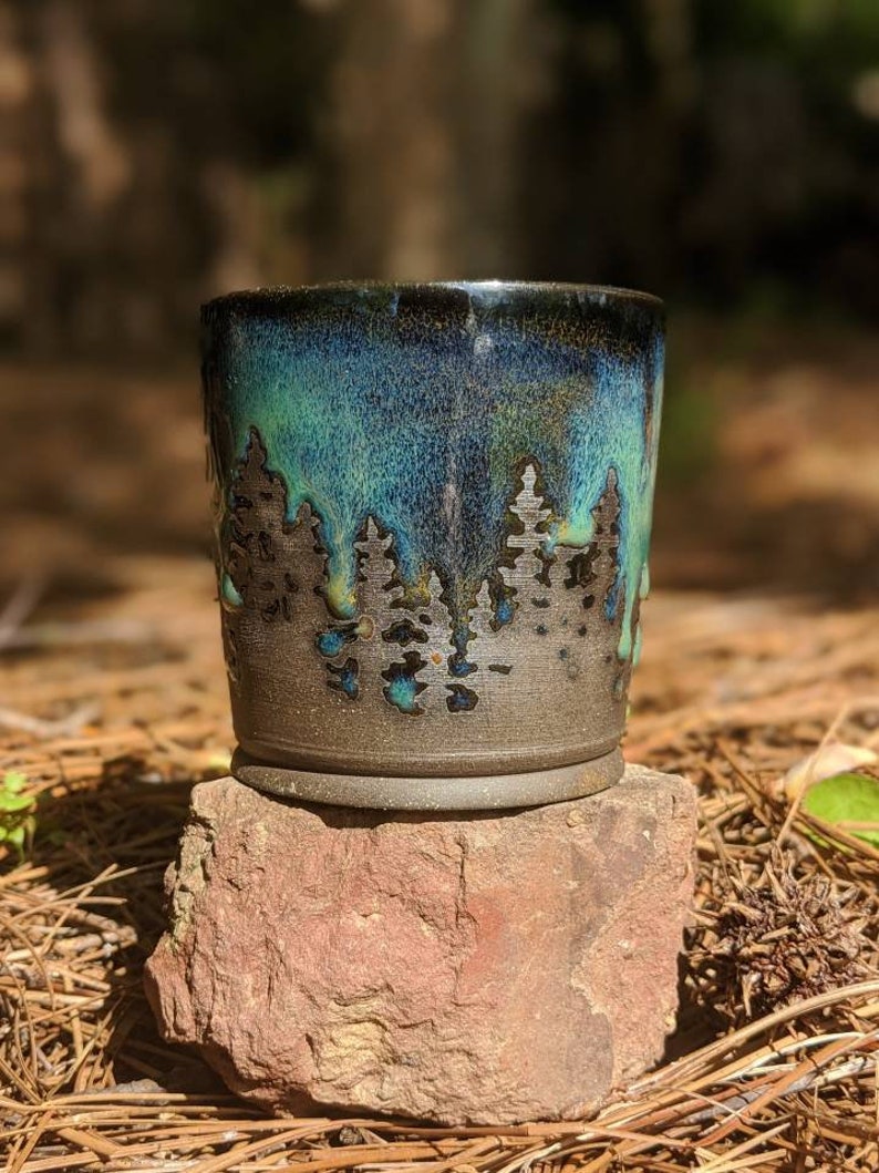 Green Northern Lights Pottery Mug Camping Forest Nature Galaxy Sky Handmade Tree Rustic Woodland Gift Stoneware Aurora Borealis Mother's Day image 4