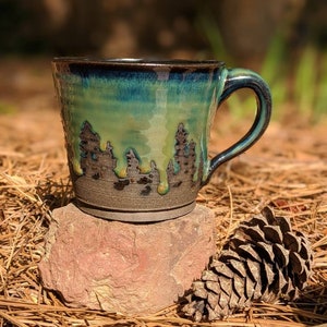 Green Northern Lights Pottery Mug Camping Forest Nature Galaxy Sky Handmade Tree Rustic Woodland Gift Stoneware Aurora Borealis Mother's Day image 5
