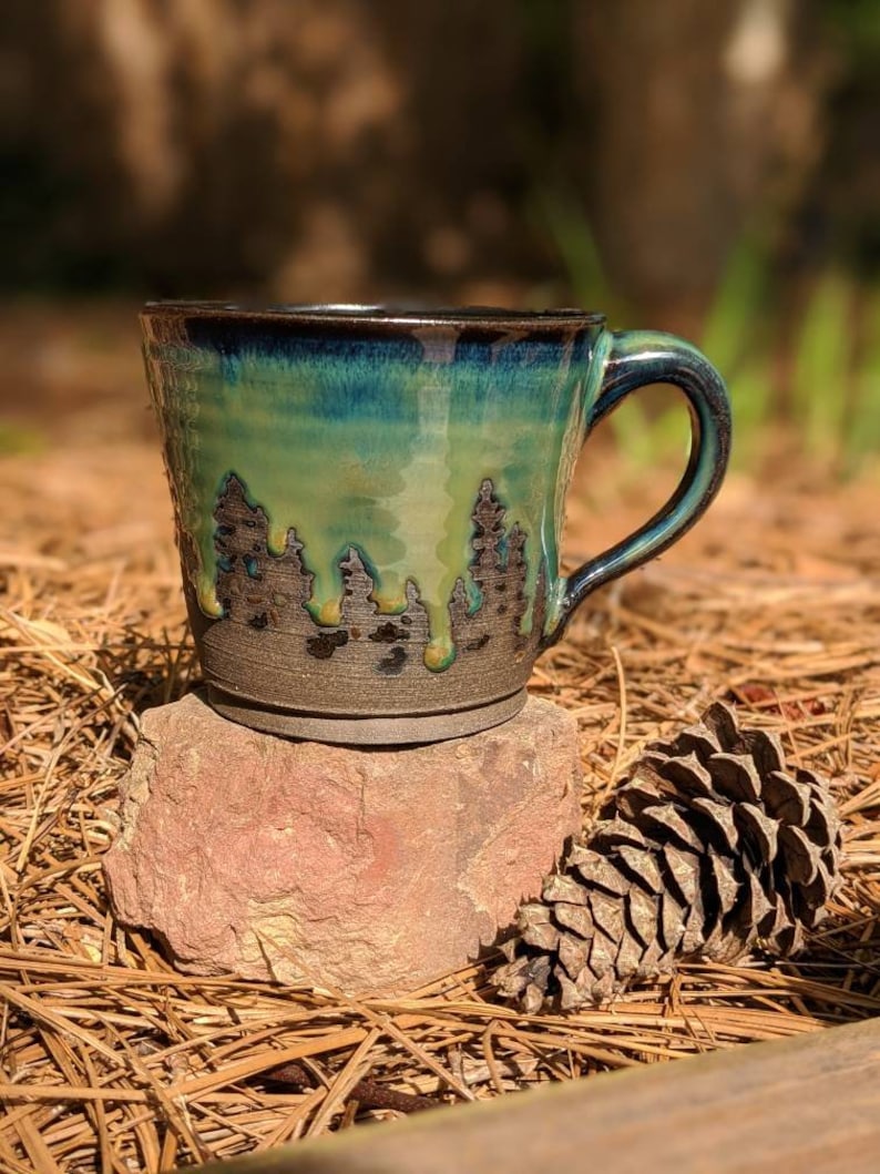 Green Northern Lights Pottery Mug Camping Forest Nature Galaxy Sky Handmade Tree Rustic Woodland Gift Stoneware Aurora Borealis Mother's Day image 5