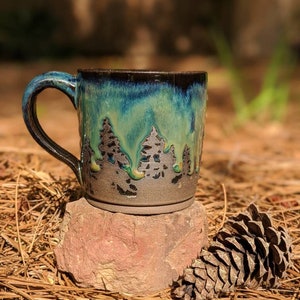 Green Northern Lights Pottery Mug Camping Forest Nature Galaxy Sky Handmade Tree Rustic Woodland Gift Stoneware Aurora Borealis Mother's Day image 2