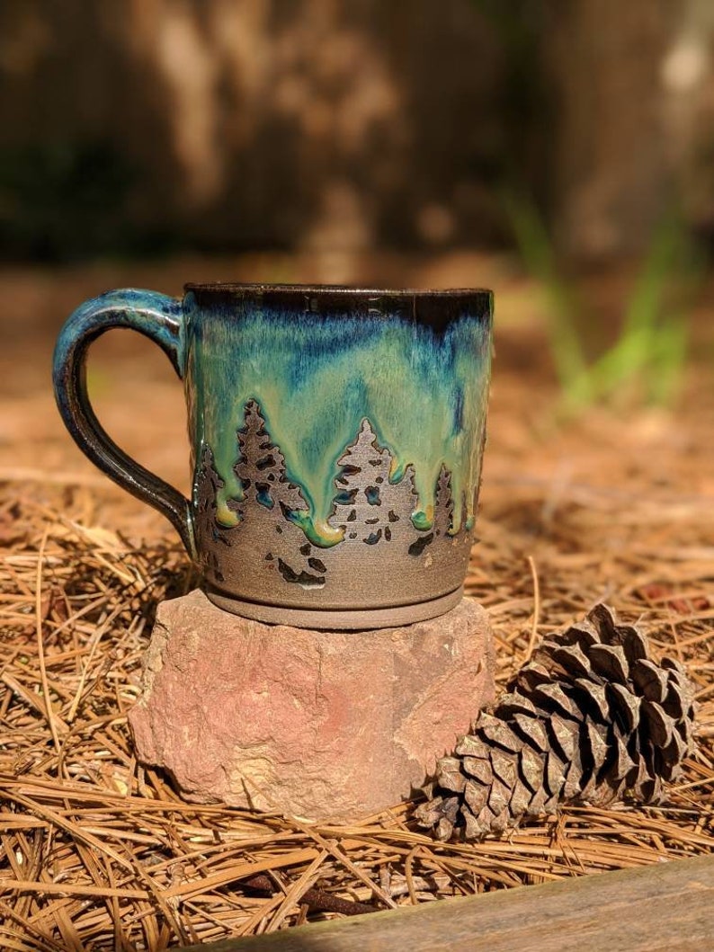 Green Northern Lights Pottery Mug Camping Forest Nature Galaxy Sky Handmade Tree Rustic Woodland Gift Stoneware Aurora Borealis Mother's Day image 2