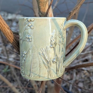 English Garden Handmade Pottery Mug / Floral Botanical Cottage Nature Flower Holiday Gift for Him or Her Green Porcelain Coffee Tea Birthday