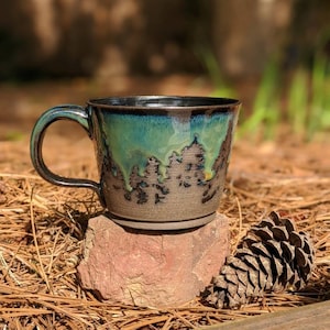 Green Northern Lights Pottery Mug Camping Forest Nature Galaxy Sky Handmade Tree Rustic Woodland Gift Stoneware Aurora Borealis Mother's Day image 3