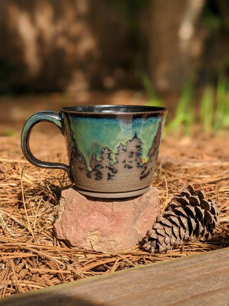 Green Northern Lights Pottery Mug Camping Forest Nature Galaxy Sky Handmade Tree Rustic Woodland Gift Stoneware Aurora Borealis Mother's Day image 3