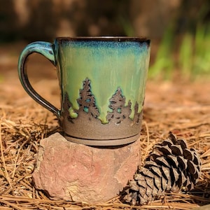 Green Northern Lights Pottery Mug Camping Forest Nature Galaxy Sky Handmade Tree Rustic Woodland Gift Stoneware Aurora Borealis Mother's Day image 6