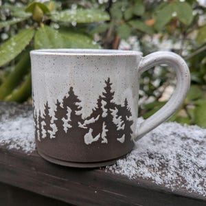 Snowy Woodland Tree Pottery Mug // Camping Forest Nature Handmade Northern Lights Rustic Woodland Gift Stoneware Aurora Borealis Holiday