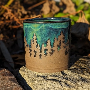 Green Northern Lights Pottery Mug Tumbler Camping Forest Nature Galaxy Sky Star Handmade Pine Tree Rustic Woodland Gift Aurora Borealis