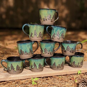 Green Northern Lights Pottery Mug Camping Forest Nature Galaxy Sky Handmade Tree Rustic Woodland Gift Stoneware Aurora Borealis Mother's Day image 10