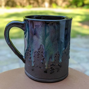 Green Northern Lights Pottery Mug Camping Forest Nature Galaxy Sky Handmade Tree Rustic Woodland Gift Stoneware Aurora Borealis Mother's Day image 8