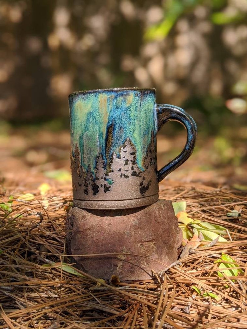 Green Northern Lights Pottery Mug Camping Forest Nature Galaxy Sky Handmade Tree Rustic Woodland Gift Stoneware Aurora Borealis Mother's Day image 1