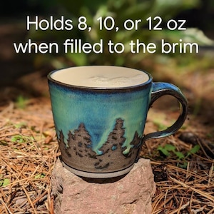Green Northern Lights Pottery Mug Camping Forest Nature Galaxy Sky Handmade Tree Rustic Woodland Gift Stoneware Aurora Borealis Mother's Day image 9