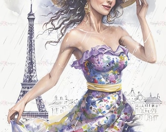 Paris Fashion Watercolor PNG | Elegant Woman Eiffel Tower Art (Digital Download)