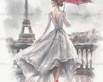 Elegant Woman Red Umbrella Paris Fashion Print | Eiffel Tower Glam Decor (Digital Download)