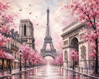 Paris Wall Art Printable | Eiffel Tower Digital Download | Pink Cherry Blossom Paris Print | French Decor | Instant Download