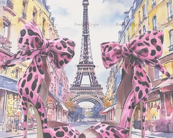 Pink Leopard Heels Paris Art Print | Eiffel Tower Fashion Illustration (Digital Download)