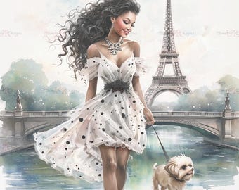 Paris Fashion Girl PNG | Eiffel Tower Watercolor Sublimation Design (Digital Download)