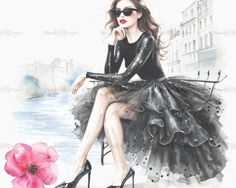 Chic Woman Black Tutu Fashion Illustration | Elegant Watercolor Wall Art (Digital Download)