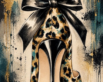 Leopard Print High Heel Printable Wall Art | Glam Fashion Shoe Print | Black Bow Stiletto Decor | Chic Digital Download | Fashion Wall Art