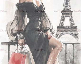 Paris Fashion Illustration | Elegant Woman Eiffel Tower Wall Art (Digital Download)