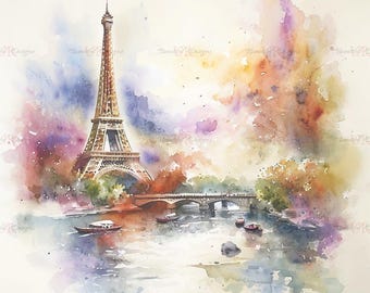 Stampa acquerello della Torre Eiffel / Paesaggio romantico di Parigi, arte francese colorata (download digitale)