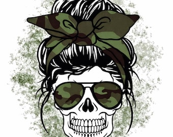 Messy Bun Skull Camo Art Print | Edgy Country Girl Wall Decor (Digital Download)